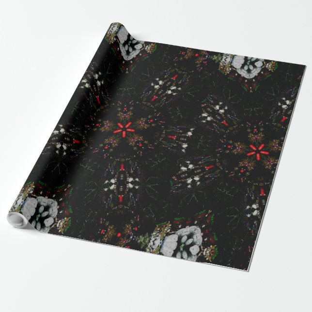 Papel De Presente Kaleidoscope Design Black Red Floral (Desenrolado)