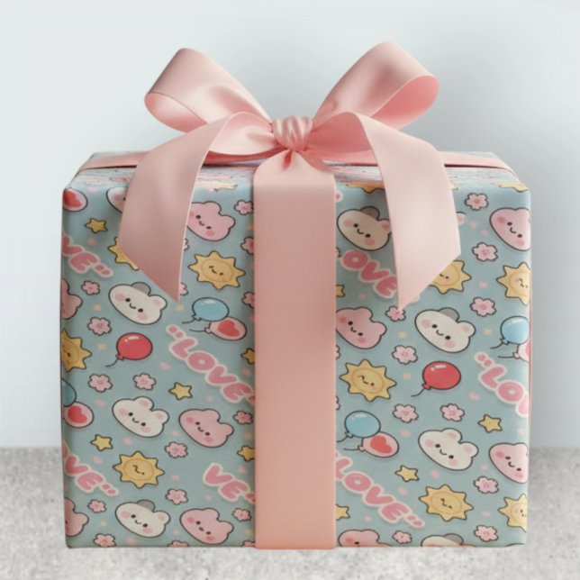 Papel De Presente Kawaii Balloons Bunny Cherry Blossoms Pattern (Criador carregado)