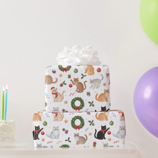 Papel De Presente Kawaii Cats & Christmas Decorations Wrapping Paper (Presentes para festas)