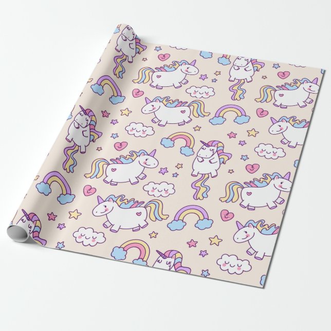 Papel De Presente Kawaii chubby voando unicórnios padrão arco-íris (Desenrolado)