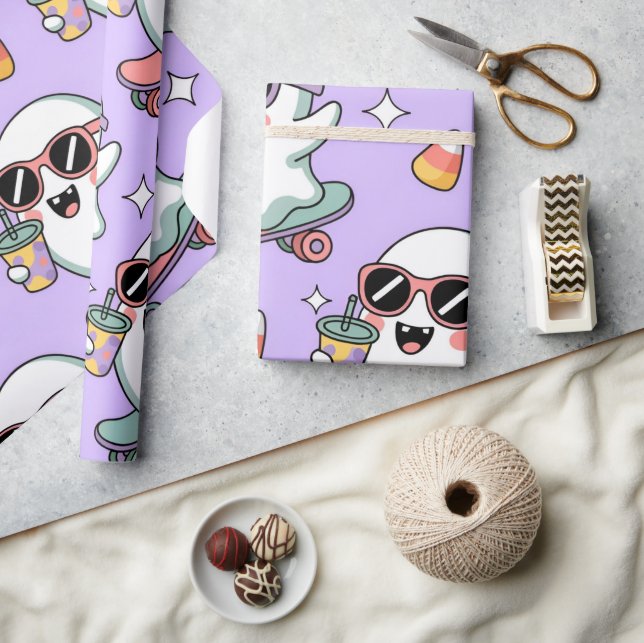 Papel De Presente Kawaii Ghost Bubble Tea Pattern - Cute Pastel Ghos (Artesanato)