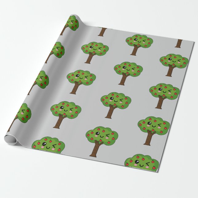 Papel De Presente Kawaii Happy Winking Apple Tree (Desenrolado)