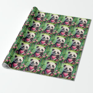 Papel De Presente Kawaii Panda Segurando Coração em uma Floresta de