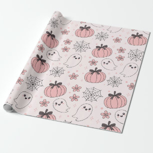 Papel De Presente Kawaii Pink Halloween Fantasmas e Pumpkins