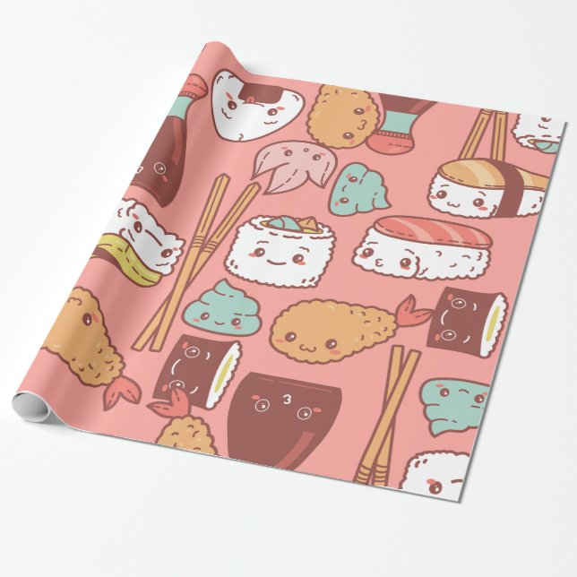 Papel De Presente kawaii pink sushi tempura fofo (Desenrolado)