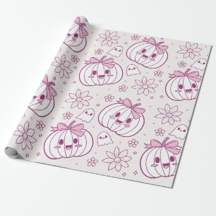 Papel De Presente Kawaii Pumpkins, Fantasmas e Flores