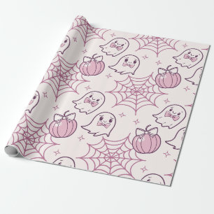 Papel De Presente Kawaii Rosa Halloween Fantasmas e Abóbora