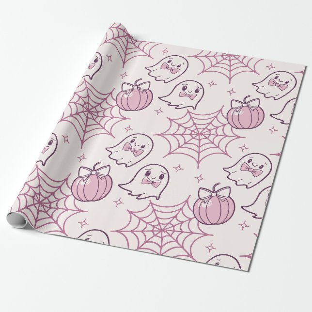 Papel De Presente Kawaii Rosa Halloween Fantasmas e Abóbora (Desenrolado)