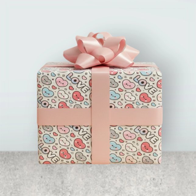 Papel De Presente Kawaii Smiling Hearts Love Transparent Pattern (Criador carregado)