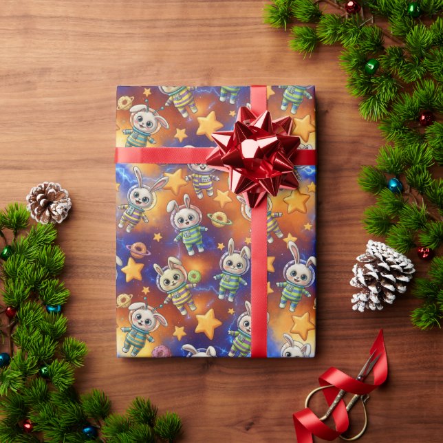 Papel De Presente Kawaii Space Bunnies & Donuts Galactic Pattern (Presente de Natal)