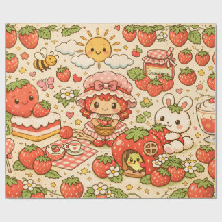 Papel De Presente Kawaii Strawberry Picnic Wrapping Paper