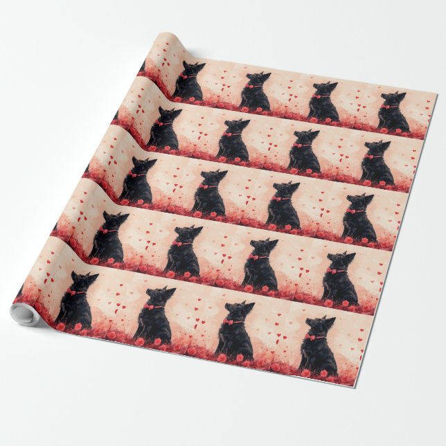 Papel De Presente Kelpie Australiano com Rosas - Dia dos Namorados (Desenrolado)