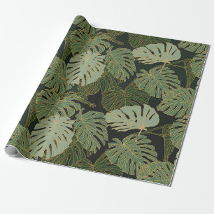 Papel De Presente Khaki verde sem costura e padrão de monstera dour