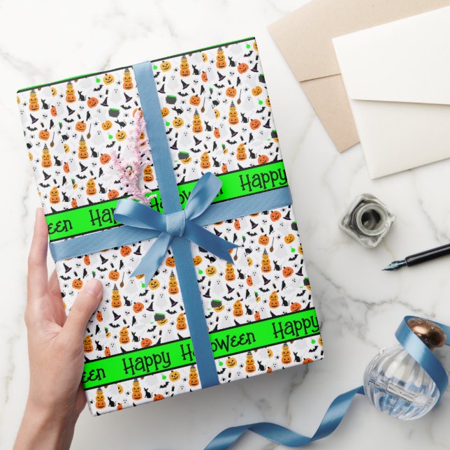 Papel De Presente Kid Halloween Ghost Pumpkin Black Cat Personalize (Presentear)