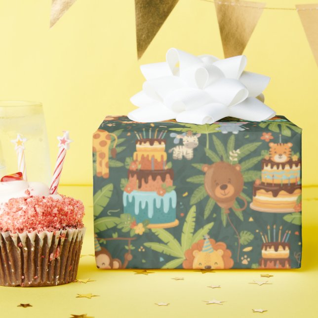 Papel De Presente Kids Birthday Jungle Themed Wrapping Paper (Festa de aniversário)