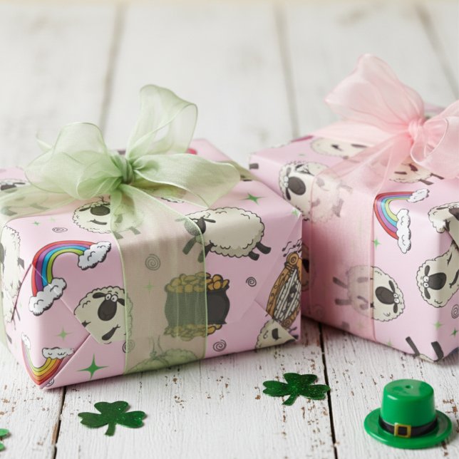 Papel De Presente Kids Pink St. Patrick’s Day Sheep & Shamrocks (Girly Pink and Green Kids St Patrick's Day Wrapping Paper for Her. Cute Sheep, Rainbow & Shamrocks)