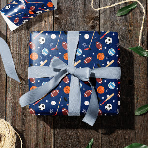 Papel De Presente Kids Sports Equipment Pattern on Blue Birthday
