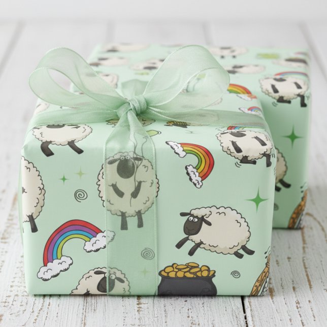 Papel De Presente Kids St. Patrick’s Day Sheep & Shamrocks (Kids Green St Patrick's Day Wrapping Paper. Cute Irish Sheep, Shamrocks, Rainbow, Four Leaf Clovers)