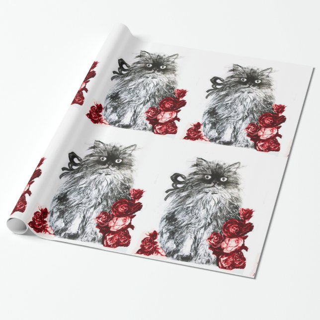 Papel De Presente KITTEN COM ROSAS VERMELHAS Pretas (Desenrolado)