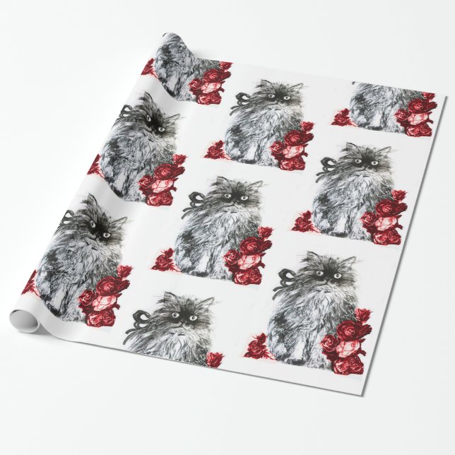 Papel De Presente KITTEN COM ROSAS VERMELHAS Pretas (Desenrolado)