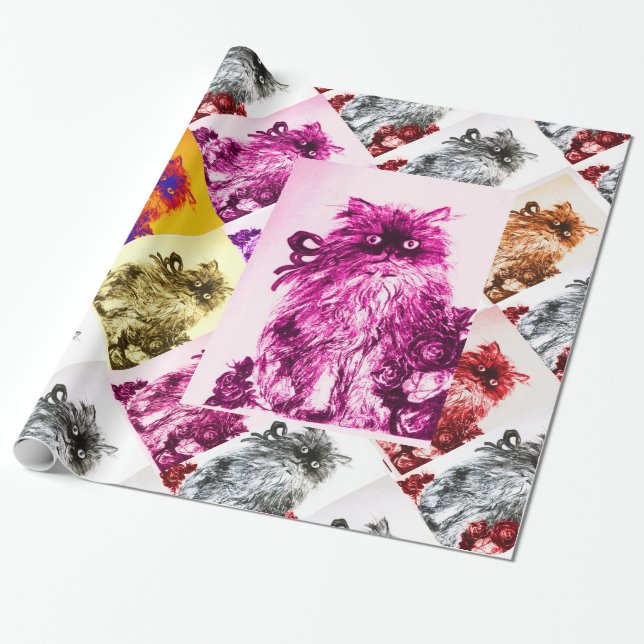 Papel De Presente KITTEN COM ROSAS VERMELHAS, Rosa, Fuchsia (Desenrolado)
