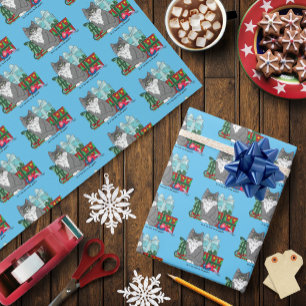 Papel De Presente Kitten de Natal Branco da cinza