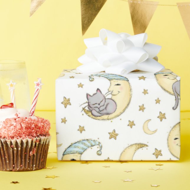 Papel De Presente Kitten Sentado No Homem Na Lua (Festa de aniversário)