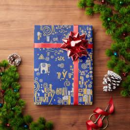 Papel De Presente Klimt Inspirado azul, ouro, cobre platina