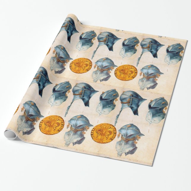 PAPEL DE PRESENTE KNIGHT HELMET COM FLORENTINA DOURADA ANTIQUICA (Desenrolado)