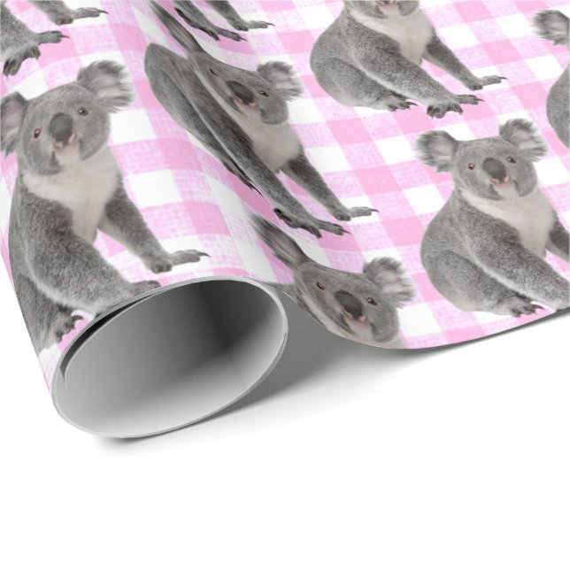 Papel De Presente Koala Bears on Pink Ginhgam (Ponta do rolo)