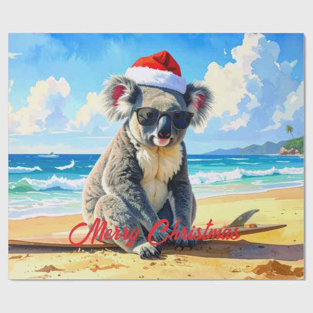 Papel De Presente Koala de Chapéu de Papai Noel ao Sol e Surf  (Aberto)
