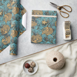 Papel De Presente Koi Carp Teal Japonês