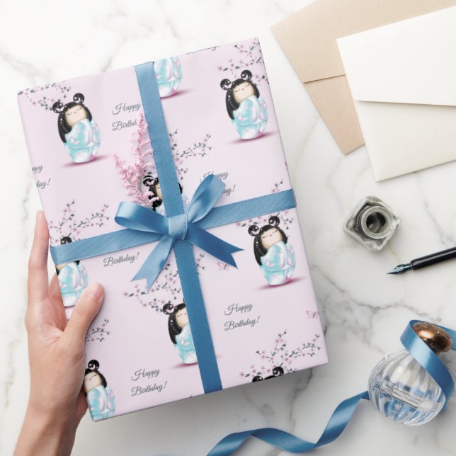 Papel De Presente Kokeshi Doll Cherry Blossom | Aniversário da rapar (Presentear)