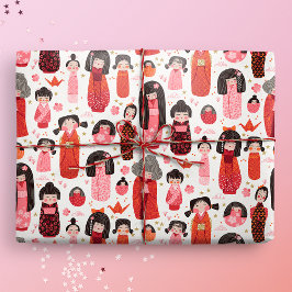 Papel De Presente Kokeshi japonês ilustrado e bonito