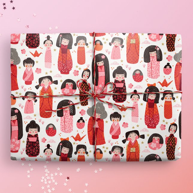 Papel De Presente Kokeshi japonês ilustrado e bonito (Kokeshi gift mockup)