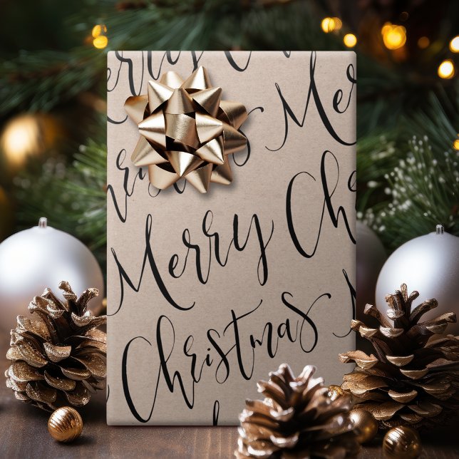 Papel De Presente Kraft Felry Natal Feriado (Kraft Merry Christmas Calligraphy Holiday Wrapping Paper)