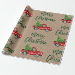 Papel De Presente Kraft Green Brush Script Christmas Truck<br><div class="desc">Kraft Brush Script Watercolor Vintage Red Truck com Árvore de Natal - Papel de enrolamento</div>