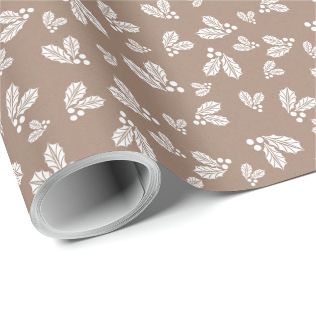 Papel De Presente Kraft Winter White Christmas Holly Elegant (Ponta do rolo)