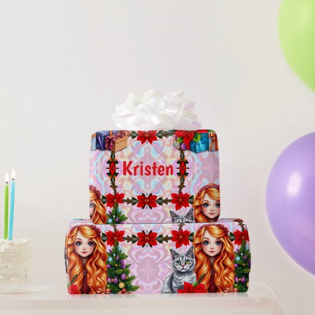 Papel De Presente KRISTEN ~ Rapariga de Natal e Gato ~ (Presentes para festas)