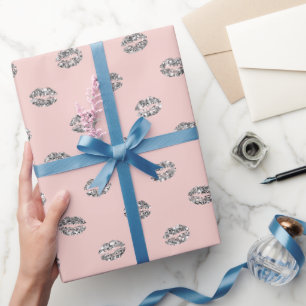 Papel De Presente Lábios de Brilho Rosa Prata XOXO Aniversário