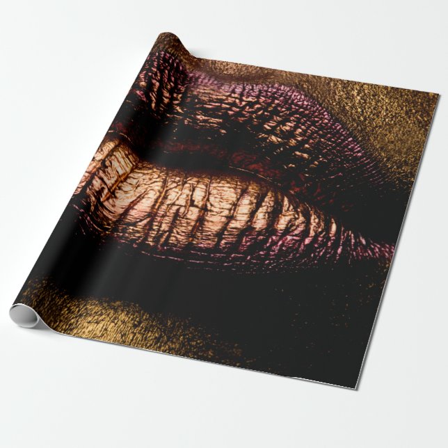 Papel De Presente lábios de ouro fechados. Dourado lábio metálico. B (Desenrolado)