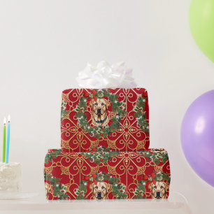 Papel De Presente Labrador de Natal em Fundo de Floco de Neve Vermel