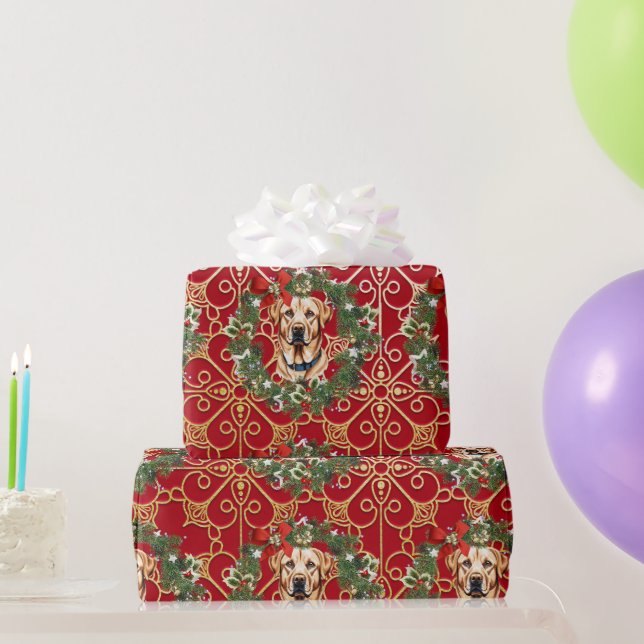 Papel De Presente Labrador de Natal em Fundo de Floco de Neve Vermel (Presentes para festas)