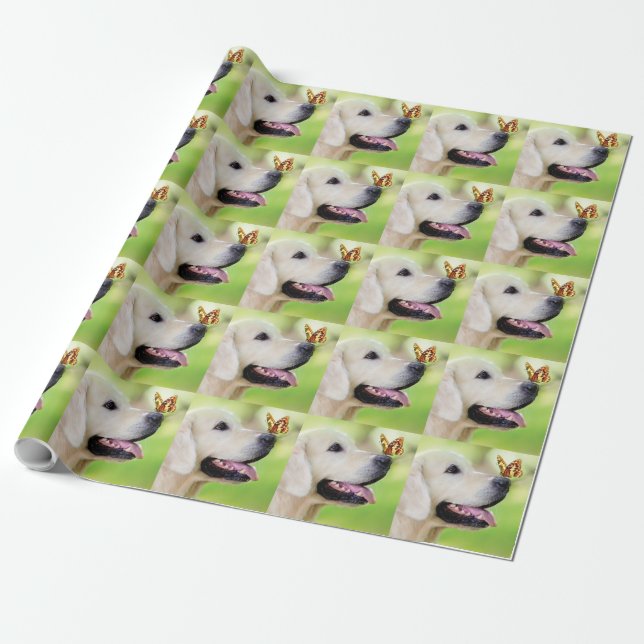 Papel De Presente Labrador E Travesseiro decorativo De Borboleta (Desenrolado)