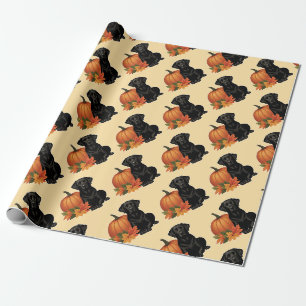 Papel De Presente Labrador preto com folhas de outono e abóbora