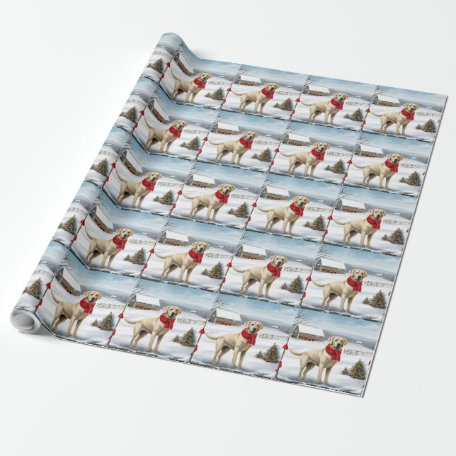 Papel De Presente Labrador Retriever Dog no Natal da Neve (Desenrolado)