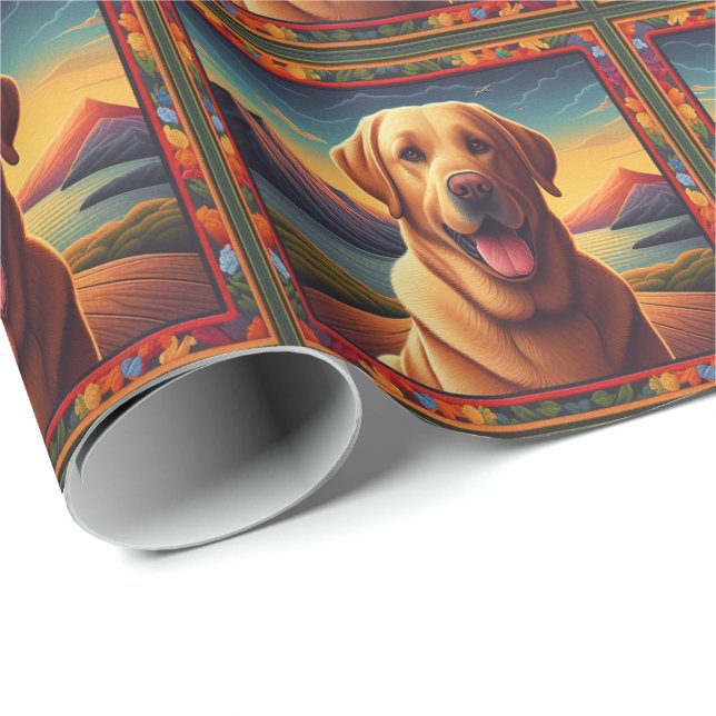 Papel De Presente Labrador Retriever Dog Paisagem floral (Ponta do rolo)