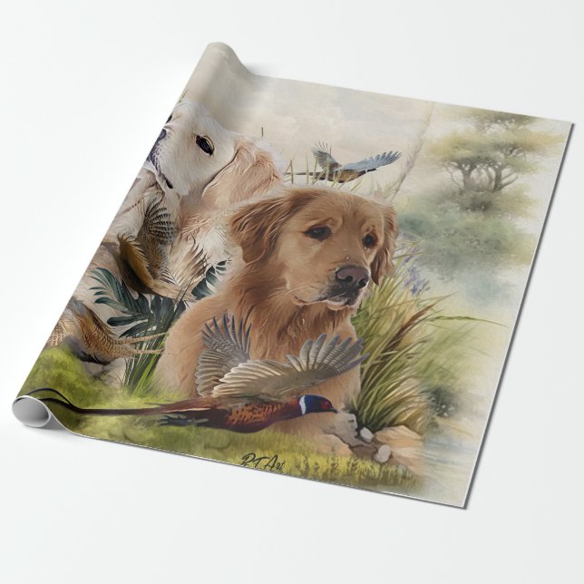 Papel De Presente Labrador Retrievers com Faisão, Arte (Desenrolado)