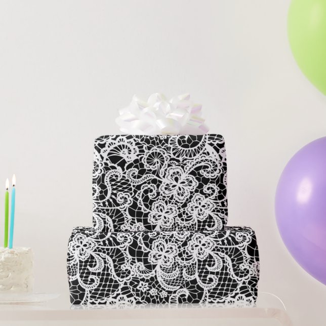 Papel De Presente Lace Branco No Papel De Enrolamento Preto (Presentes para festas)