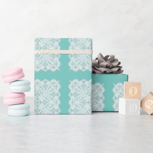 Papel De Presente Lace não parece uma vintage branca e teal à moda a (Chá de bebê)